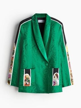 H&M Green Jacquard Blazer with Floral Trim